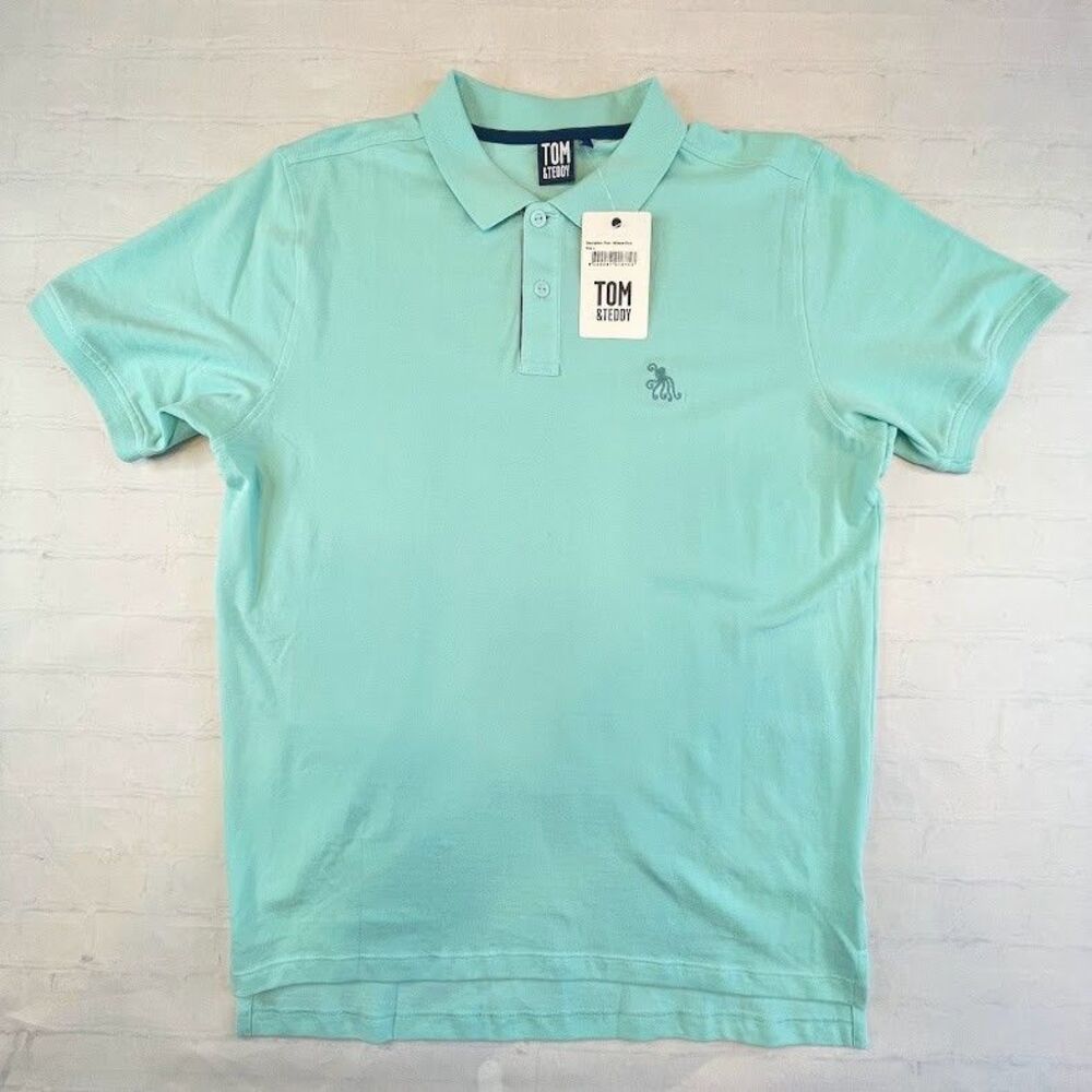 Tom & Teddy Polo Mens Large Blue Mint Short Sleeve Ultralight Cotton Shirt NEW!